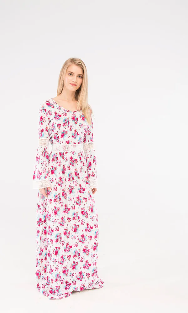 38909 Floral Maxi Dress - White & Fuchsia