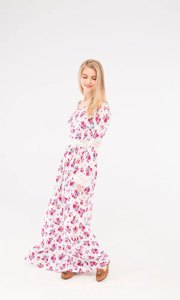 38909 Floral Maxi Dress - White & Fuchsia