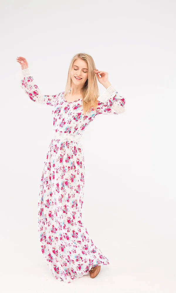 38909 Floral Maxi Dress - White & Fuchsia