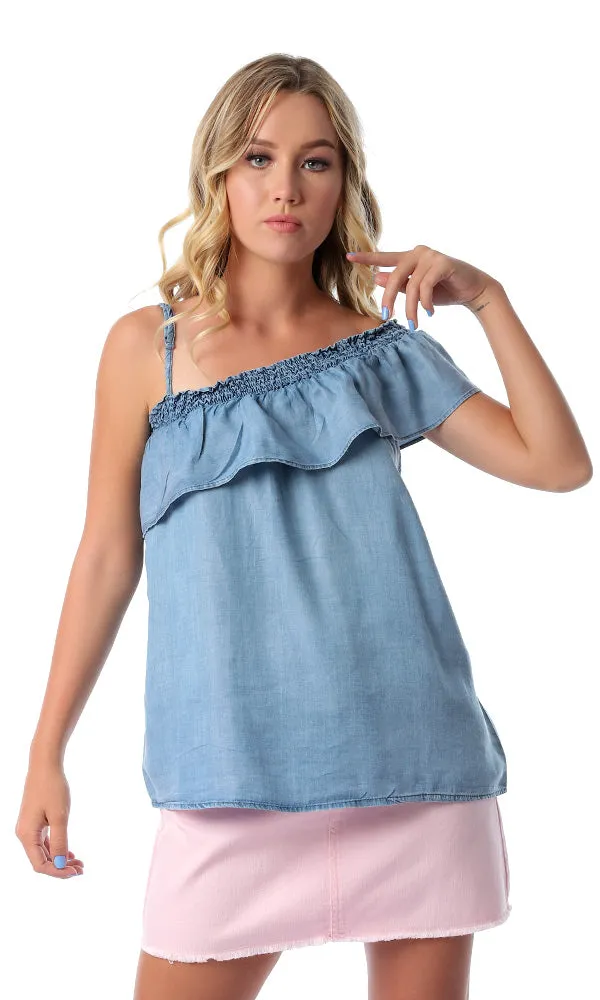 53356 Elastic Shoulders Light Blue Jeans Top