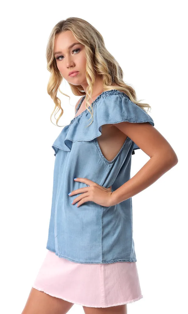 53356 Elastic Shoulders Light Blue Jeans Top