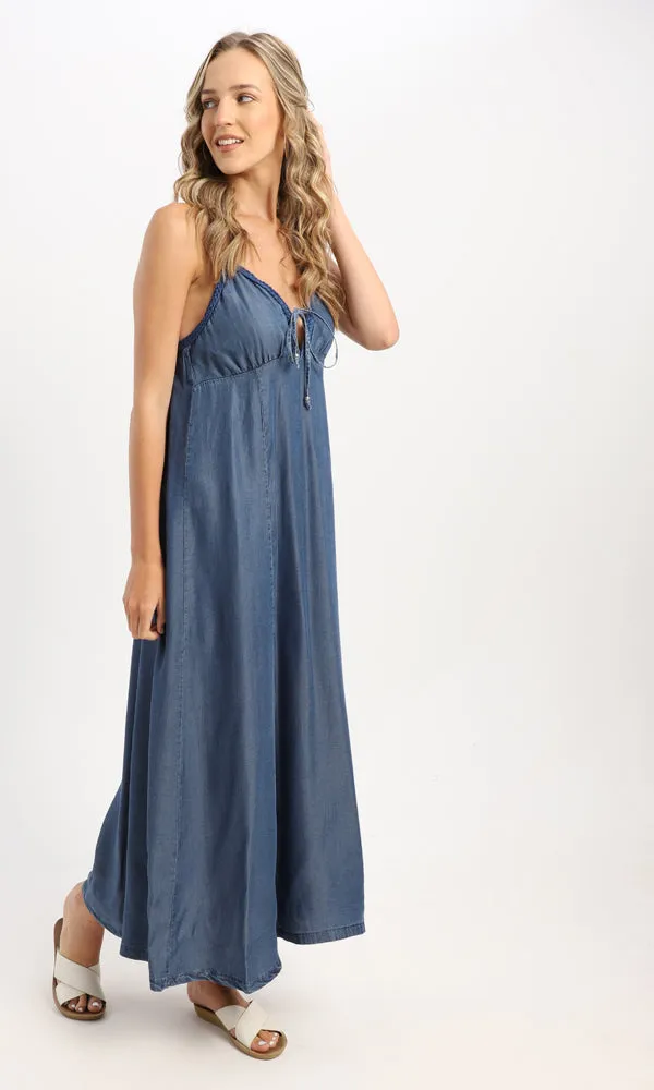 53381 Adjustable Braided Spaghetti Sleeves Blue Jeans Maxi Dress