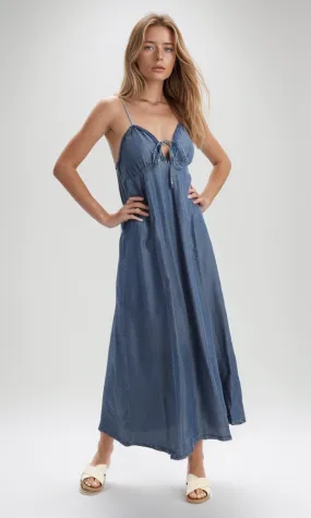 53381 Adjustable Braided Spaghetti Sleeves Blue Jeans Maxi Dress