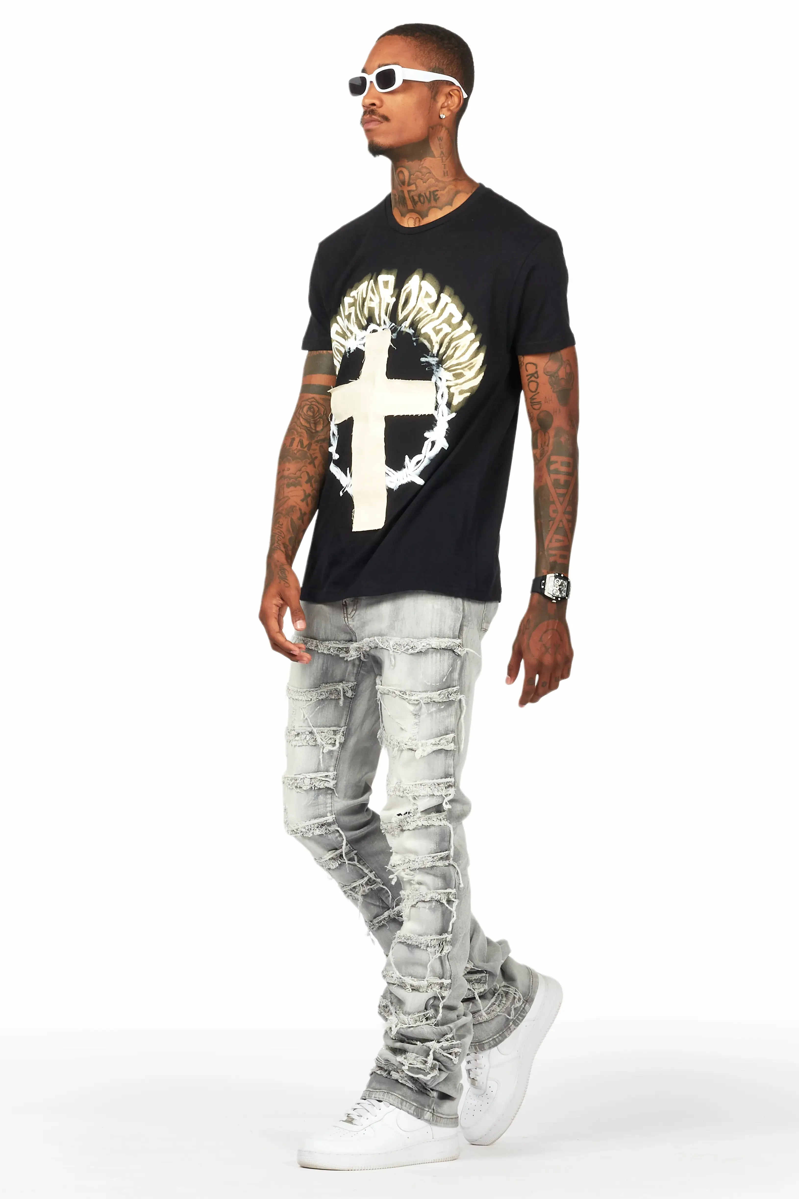 Adino Black/Grey T-Shirt Stacked Flare Jean Bundle