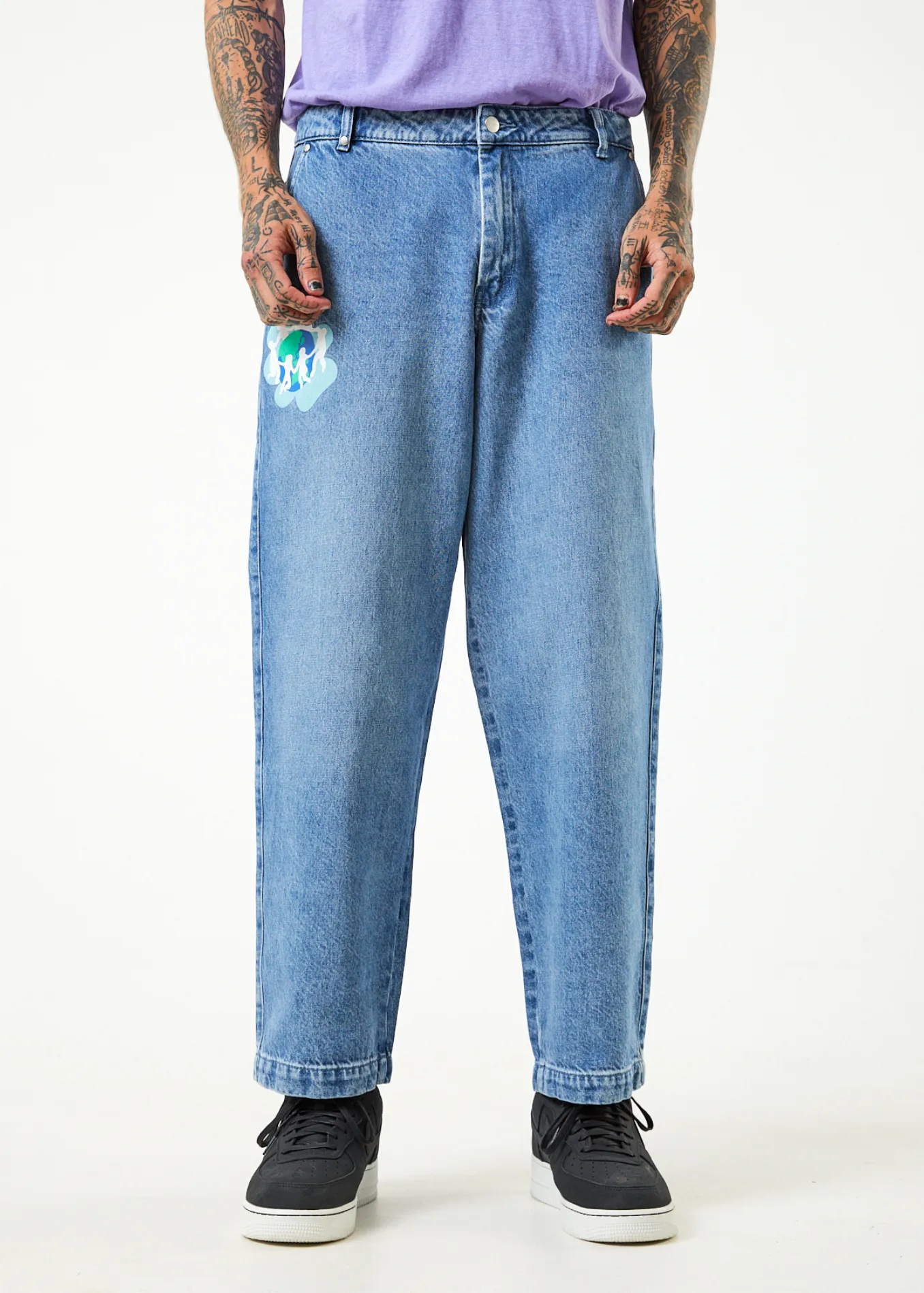 AFENDS Mens Cosmic Louie - Denim Wide Leg Jeans - Worn Blue