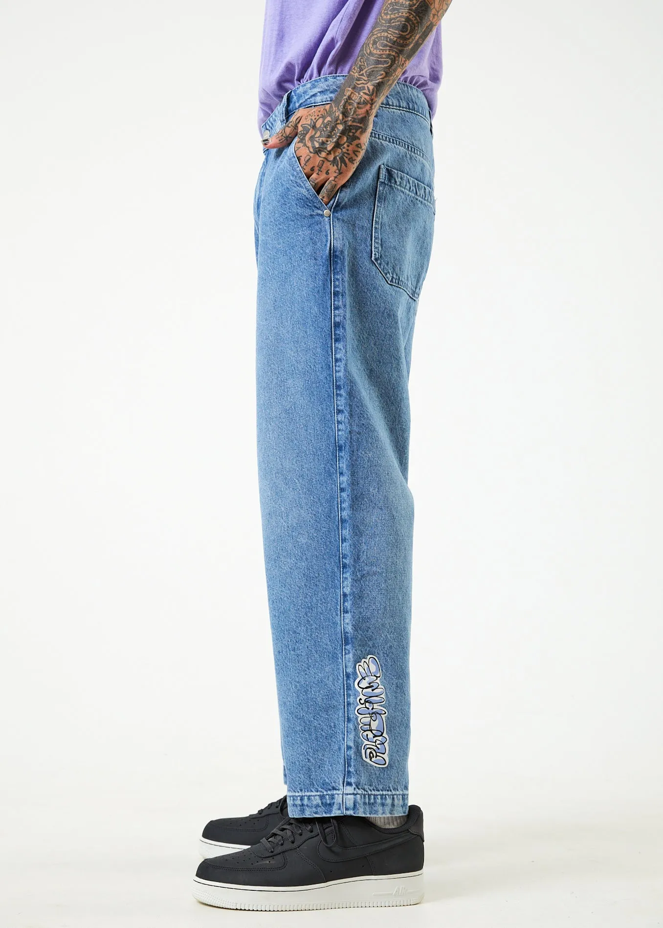 AFENDS Mens Cosmic Louie - Denim Wide Leg Jeans - Worn Blue