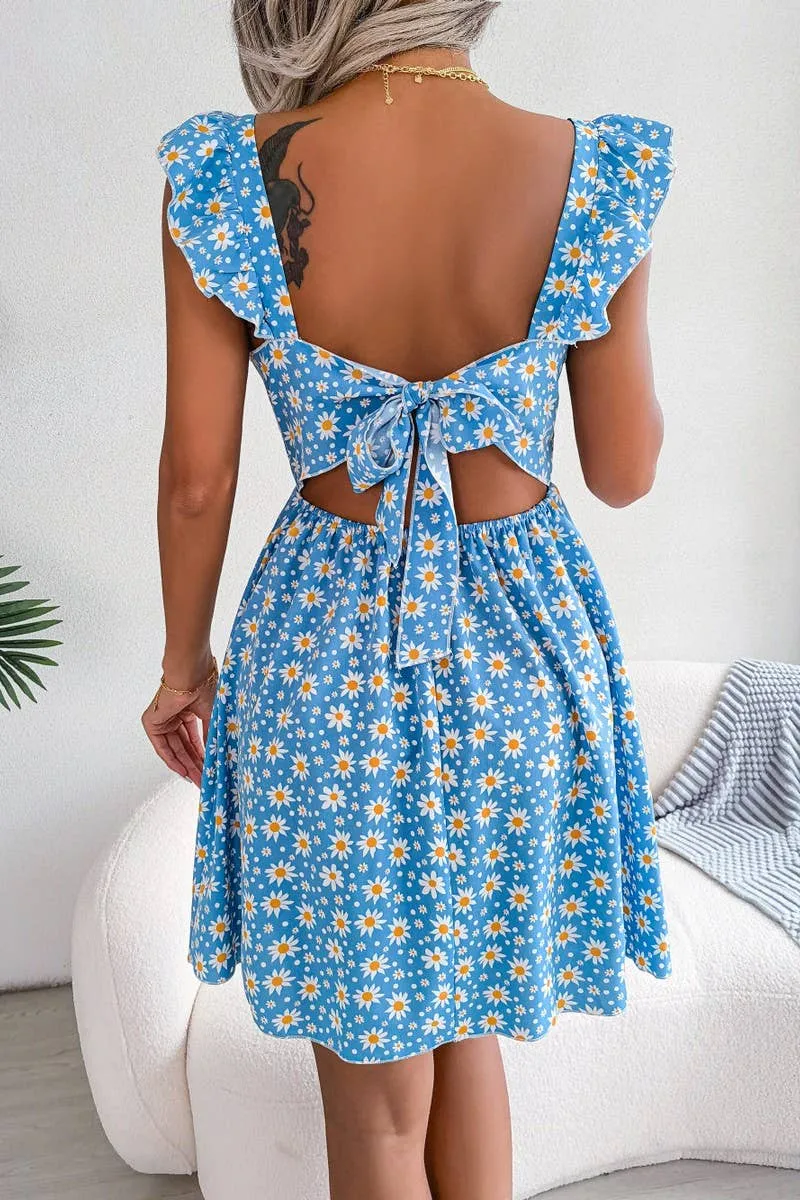 BACKLESS LACE UP DAISY PRINT CASUAL HOLIDAY DRESS_CWDSD2552