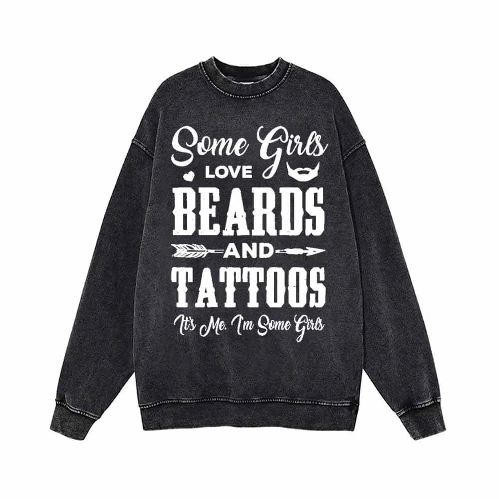 Beards And Tattoos Vintage Washed Hoodie Sweatshirt