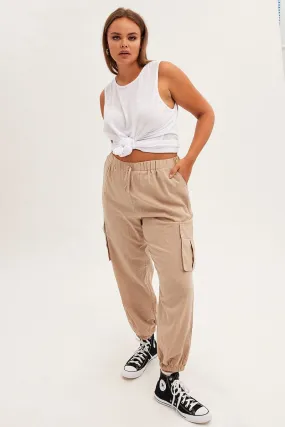 Beige Cargo Pants Elastic Waist Cotton Flap Pocket