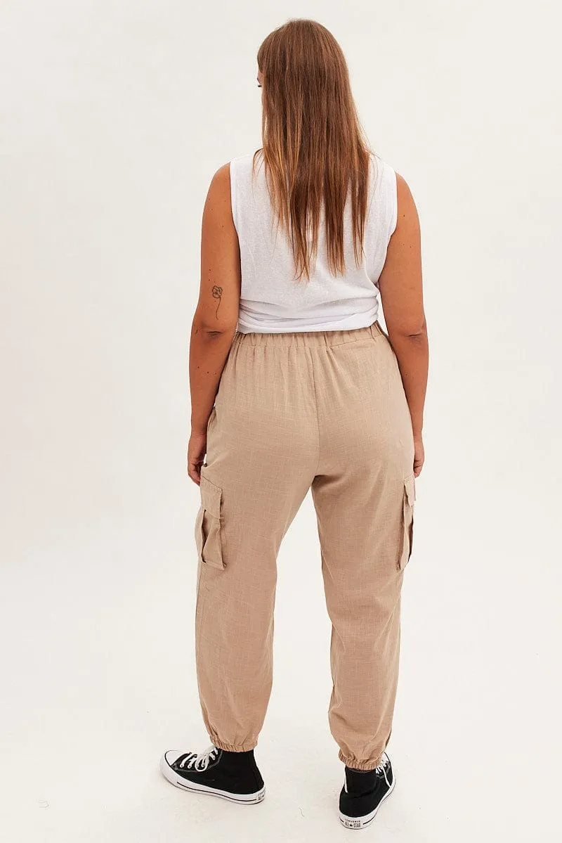 Beige Cargo Pants Elastic Waist Cotton Flap Pocket