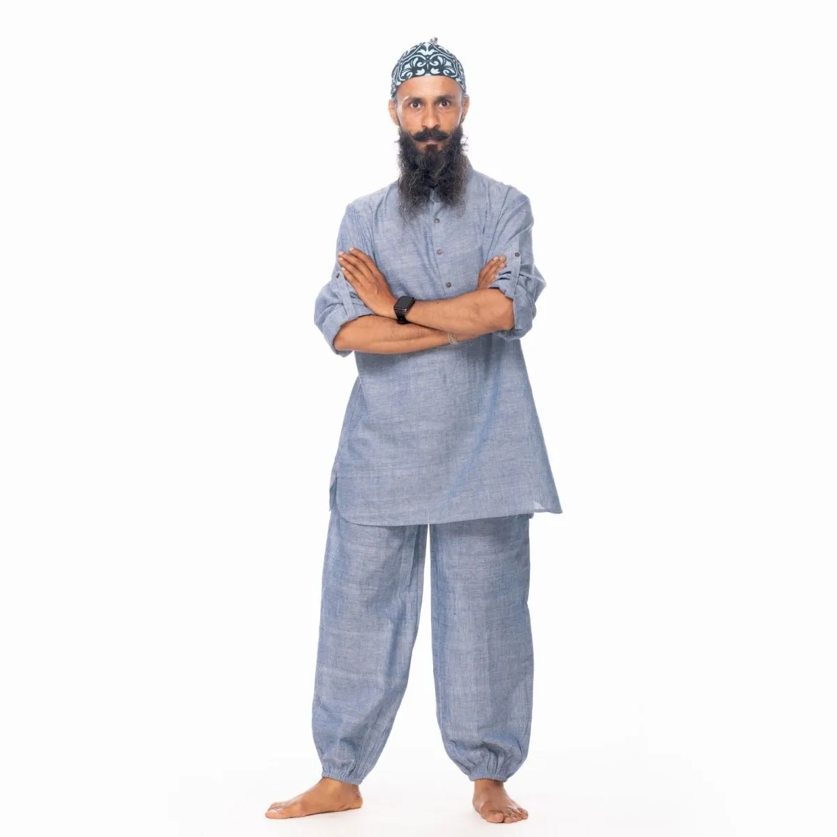 Blue Baggy Harem Pants for Men in Pure Cotton - Suitable as Cotton Yoga Wear or Loungewear