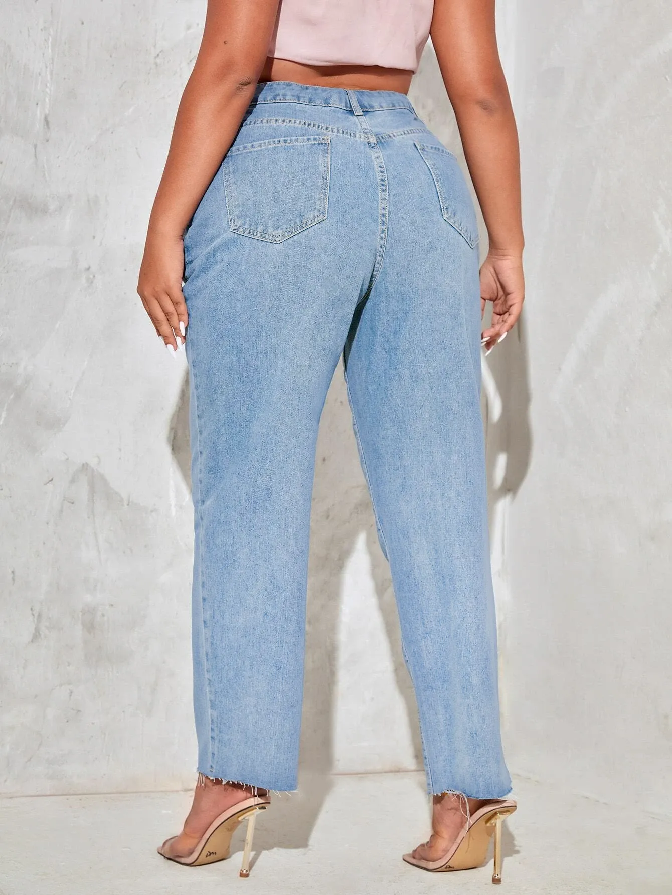 Blue Raw Hem Wide Leg High Waist Plus Size Jeans