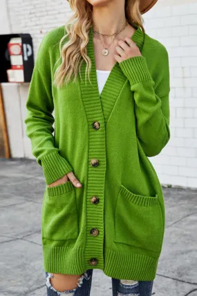 BUTTON CLOSURE RIBBED KNIT CARDIGAN WITH POCKETS