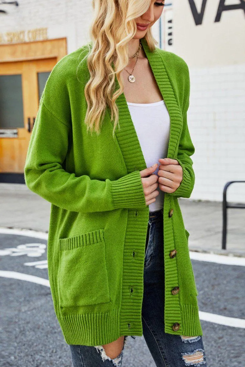 BUTTON CLOSURE RIBBED KNIT CARDIGAN WITH POCKETS