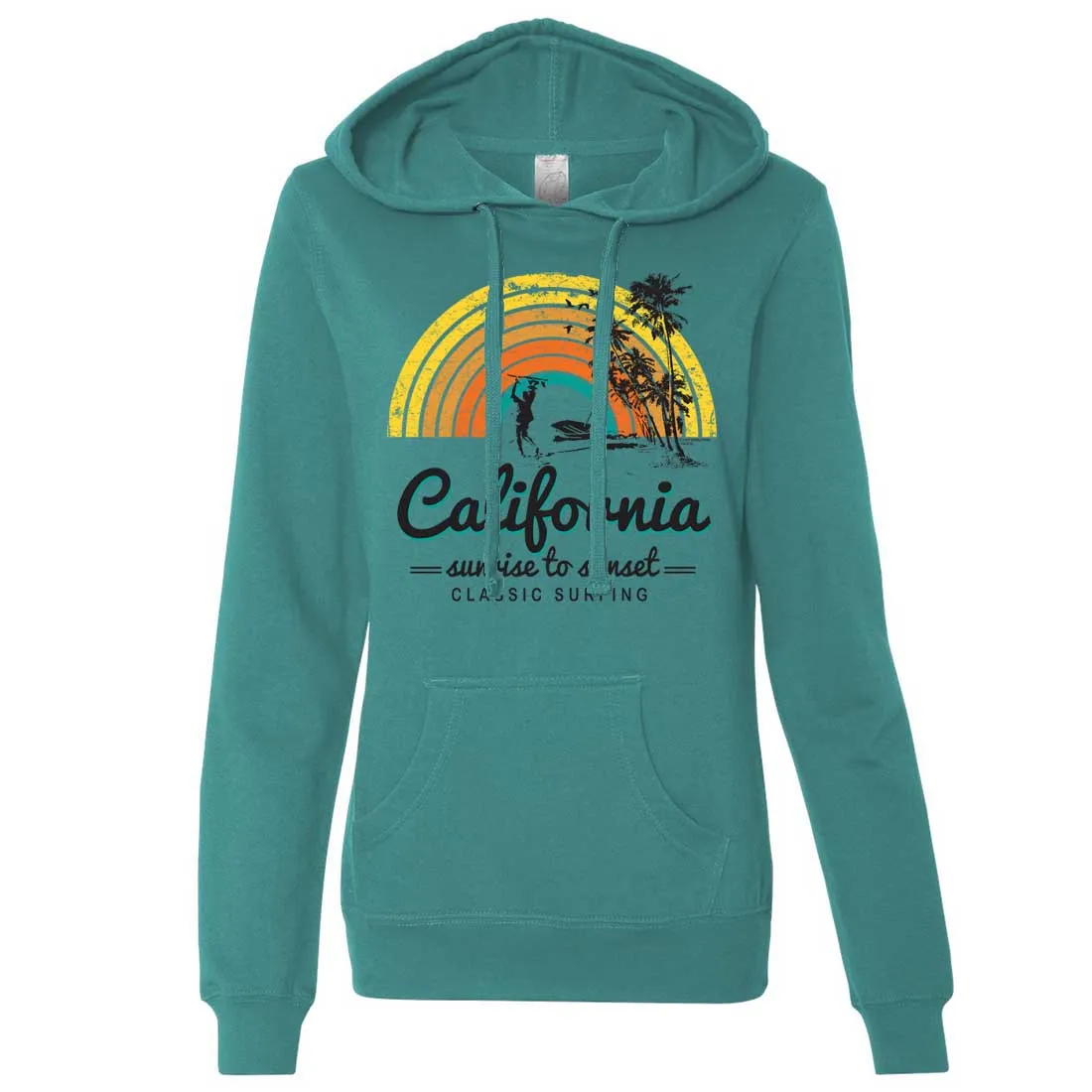 California Classic Sunrise Surfing Ladies Lightweight Fitted Hoodie