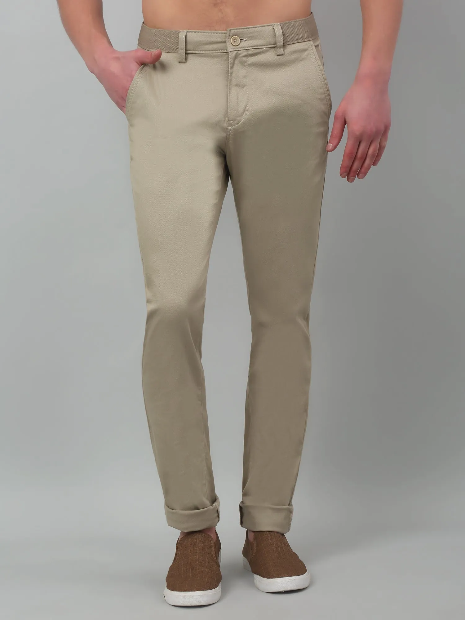 Cantabil Beige Non Pleated Self Design  Stretchable Casual Trouser For Men