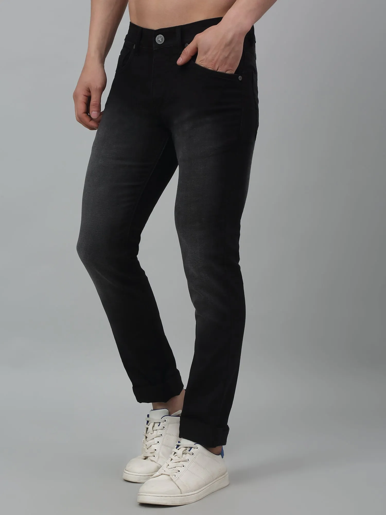 Cantabil Black Solid Mid Rise Full Length Stretchable Jeans For Men