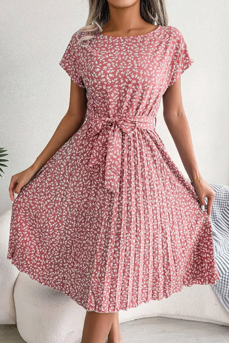 CASUAL SHORT SLEEVE FLORAL LARGE PLEATED DRESS_CWDSD2554