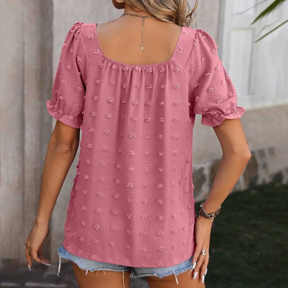 CHIFFON HAIRBALL SQUARE COLLAR SHORT SLEEVED TOP_CWTBLS0464