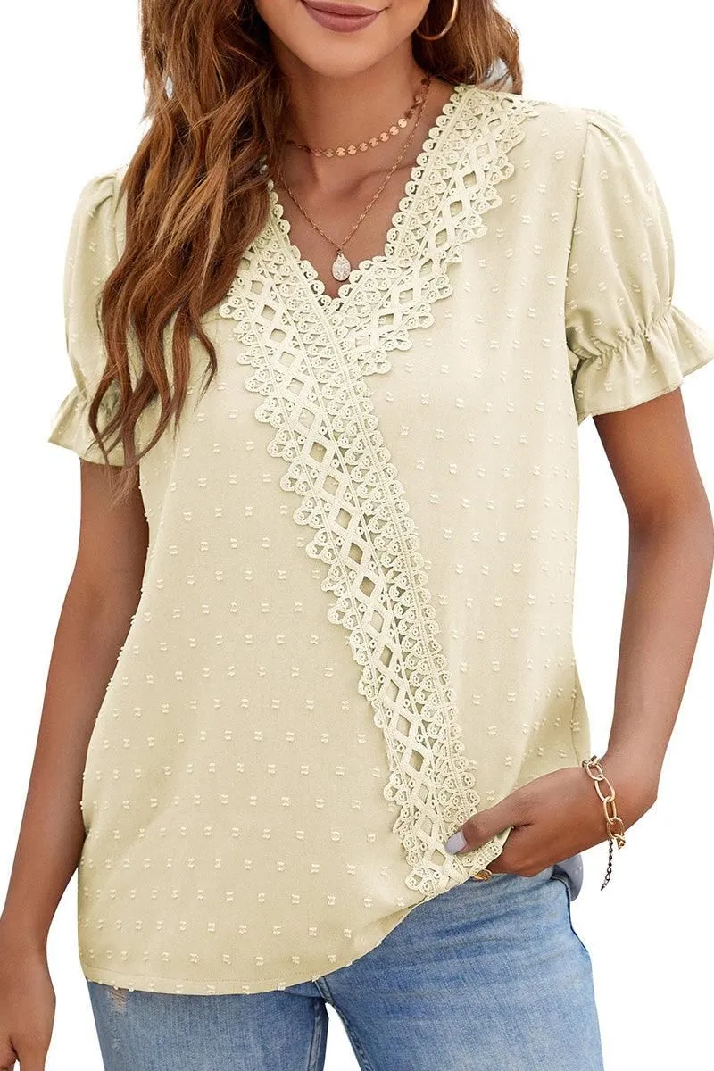 CHIFFON LACE V NECK DOT BLOUSE