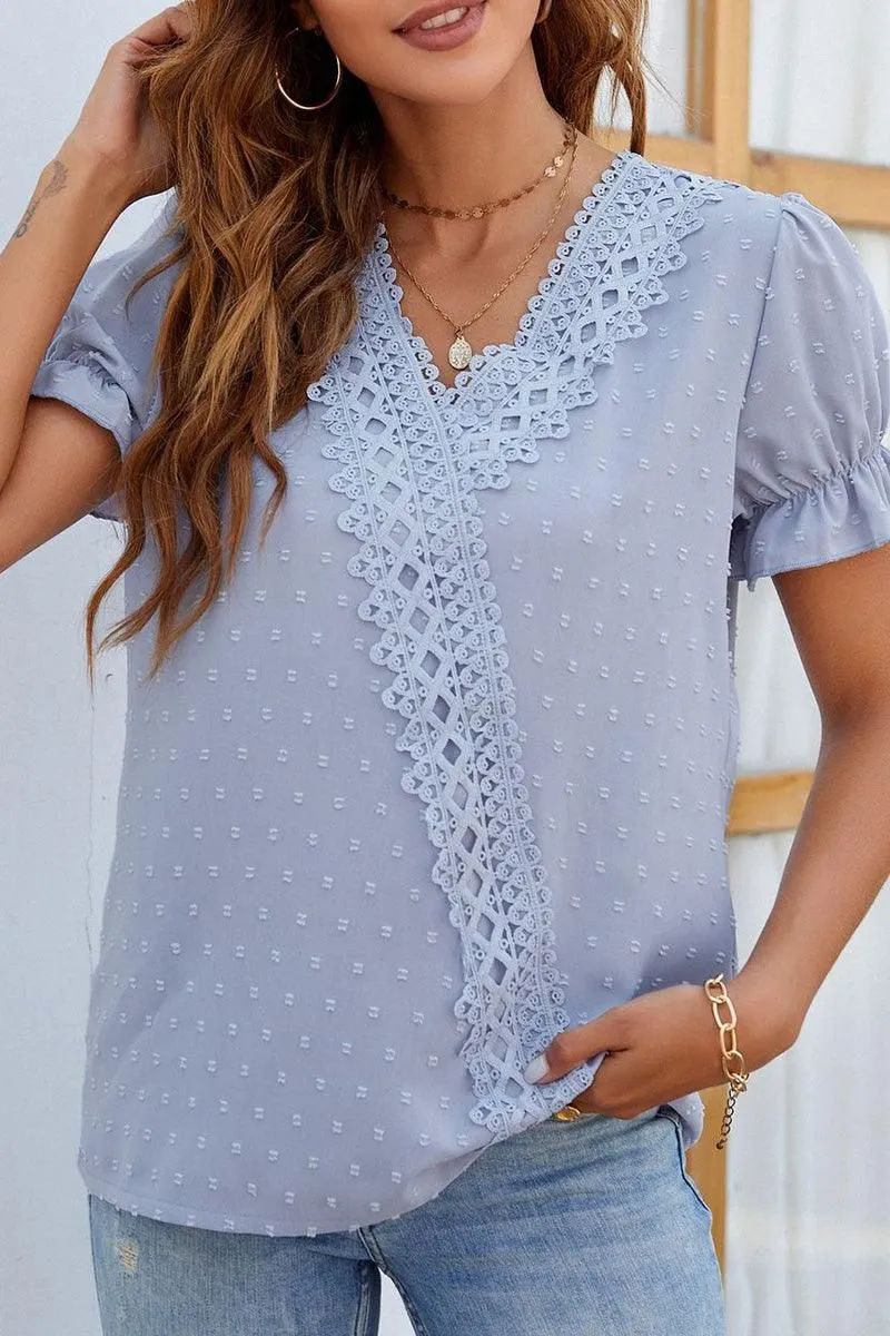 CHIFFON LACE V NECK DOT BLOUSE