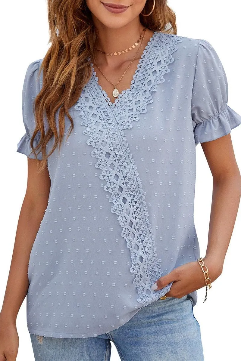 CHIFFON LACE V NECK DOT BLOUSE