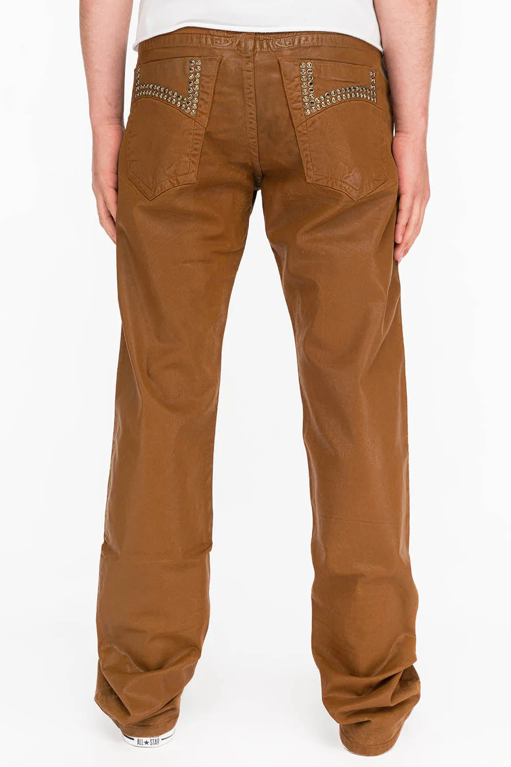 CLASSIC 5 POCKET STRAIGHT LEG JEANS IN CUIR CARAMEL WITH STUDS AND CRYSTALS