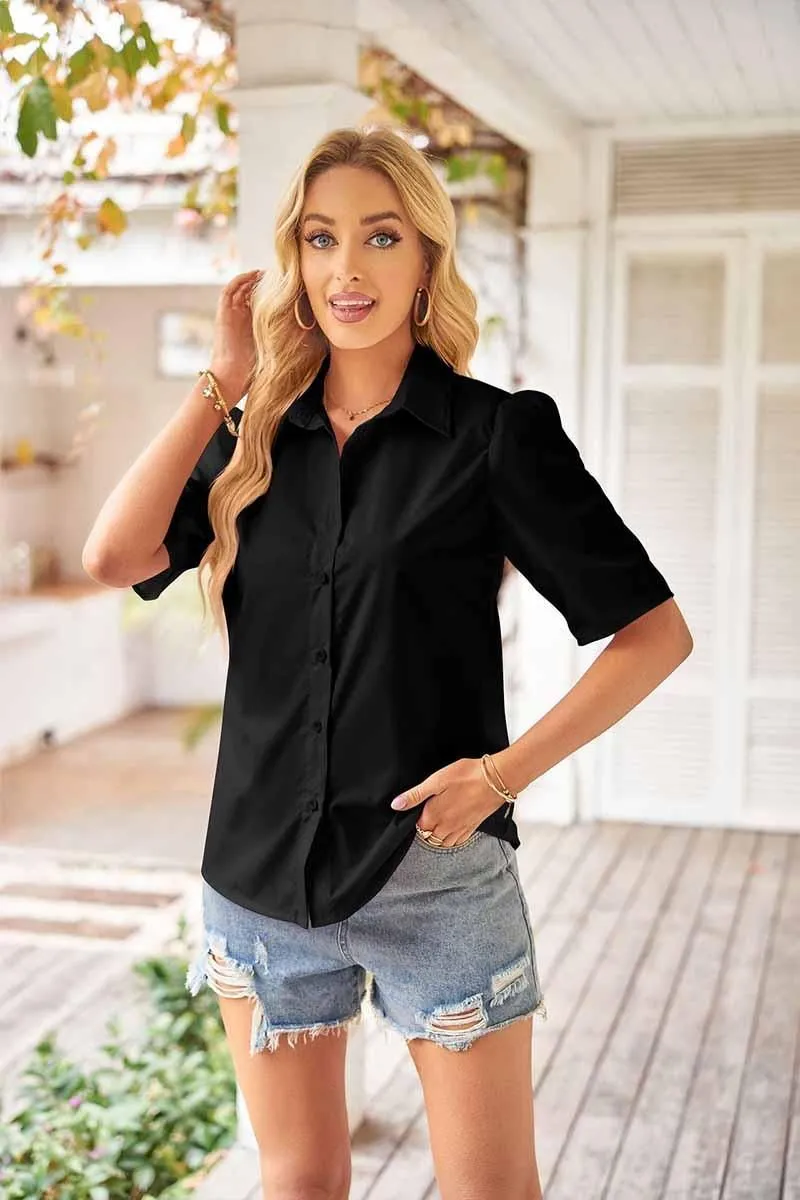 COLLAR BUTTON UP PUFF SHORT SLEEVE SHIRTS