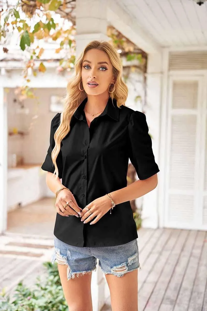 COLLAR BUTTON UP PUFF SHORT SLEEVE SHIRTS