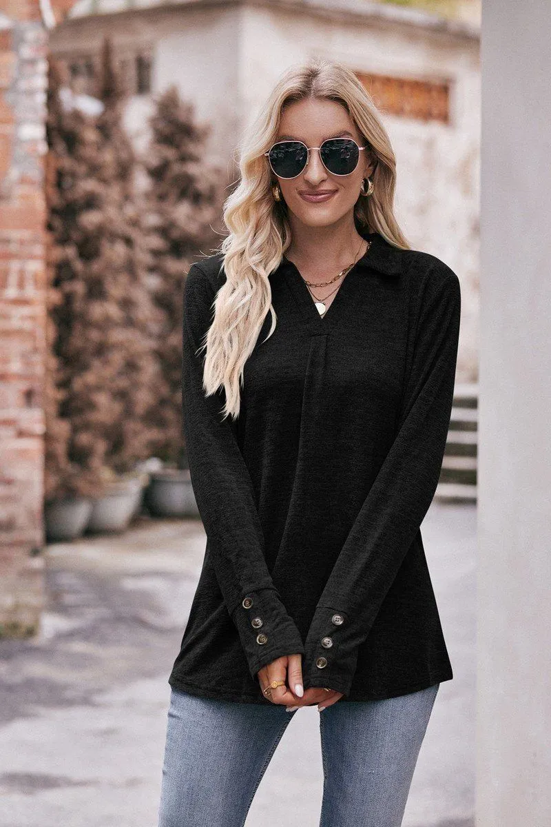 COLLARED V NECK LONG SLEEVE CASUAL BLOUSE TOP