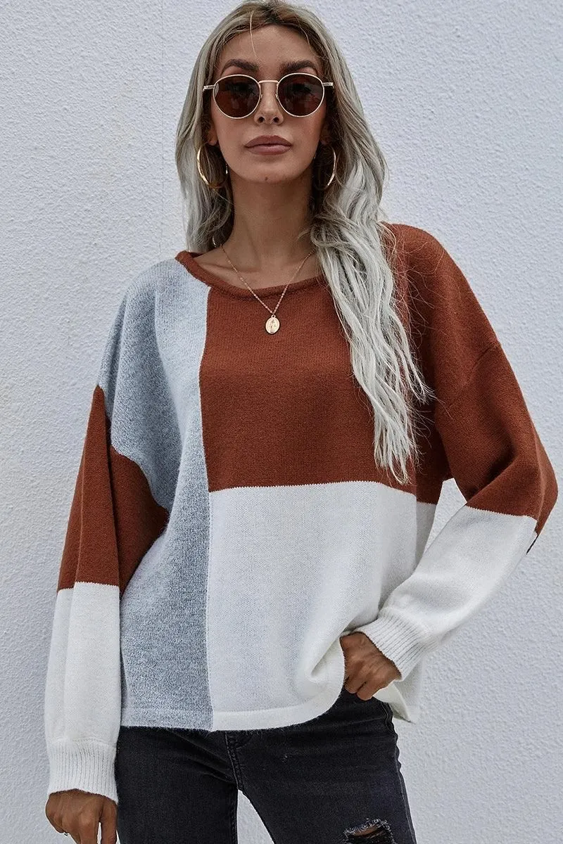 COLOR BLOCK ROUND NECK SWEATER TOP FOR WOMEN