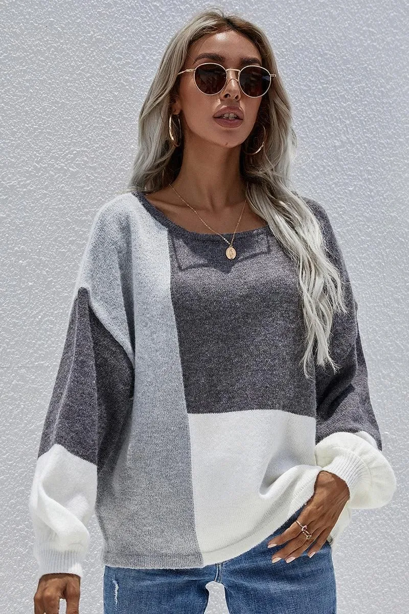 COLOR BLOCK ROUND NECK SWEATER TOP FOR WOMEN