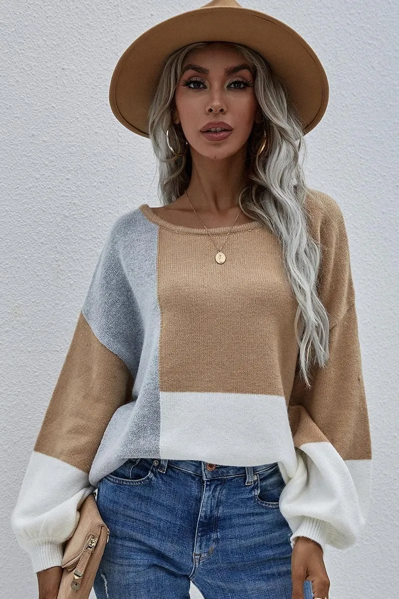 COLOR BLOCK ROUND NECK SWEATER TOP FOR WOMEN