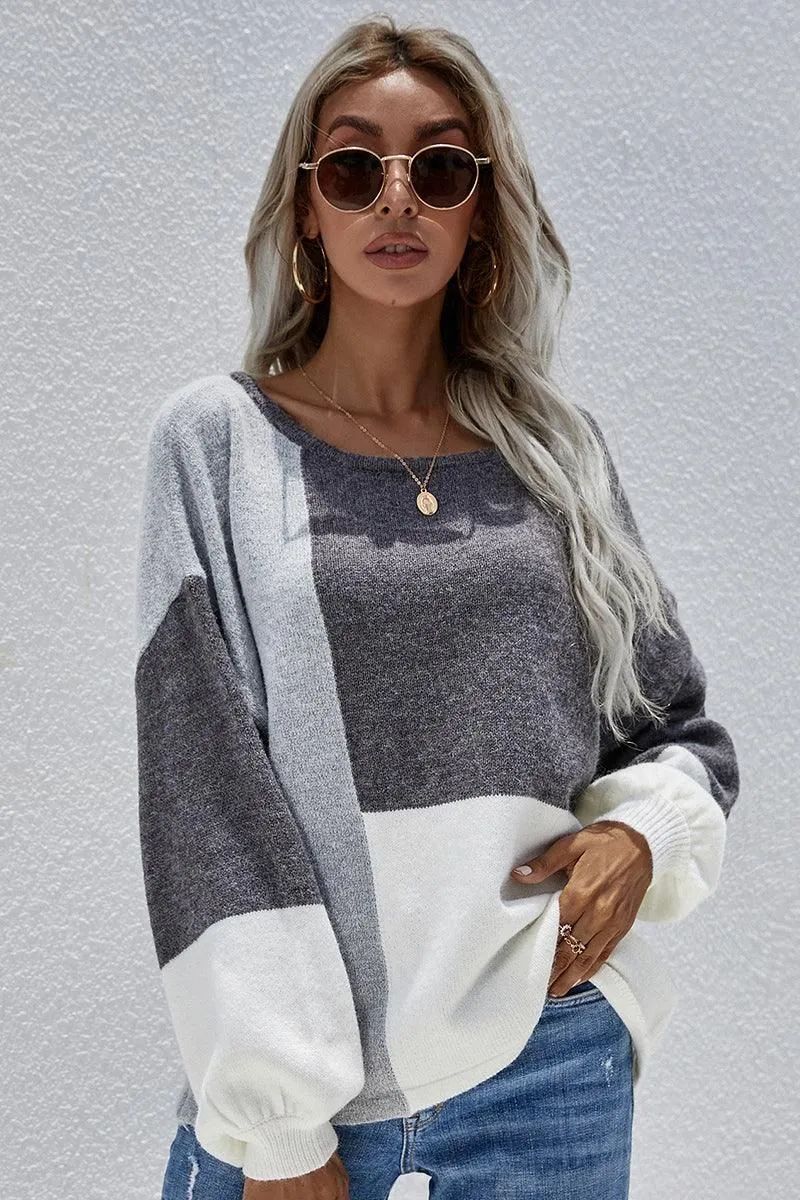 COLOR BLOCK ROUND NECK SWEATER TOP FOR WOMEN