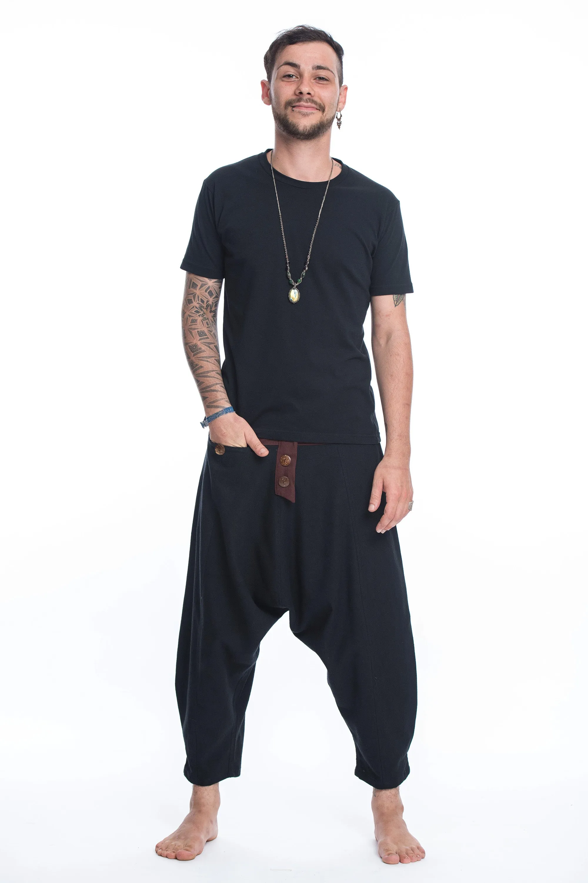 Cotton Men's Harem Pants with Faux Buttons in Black