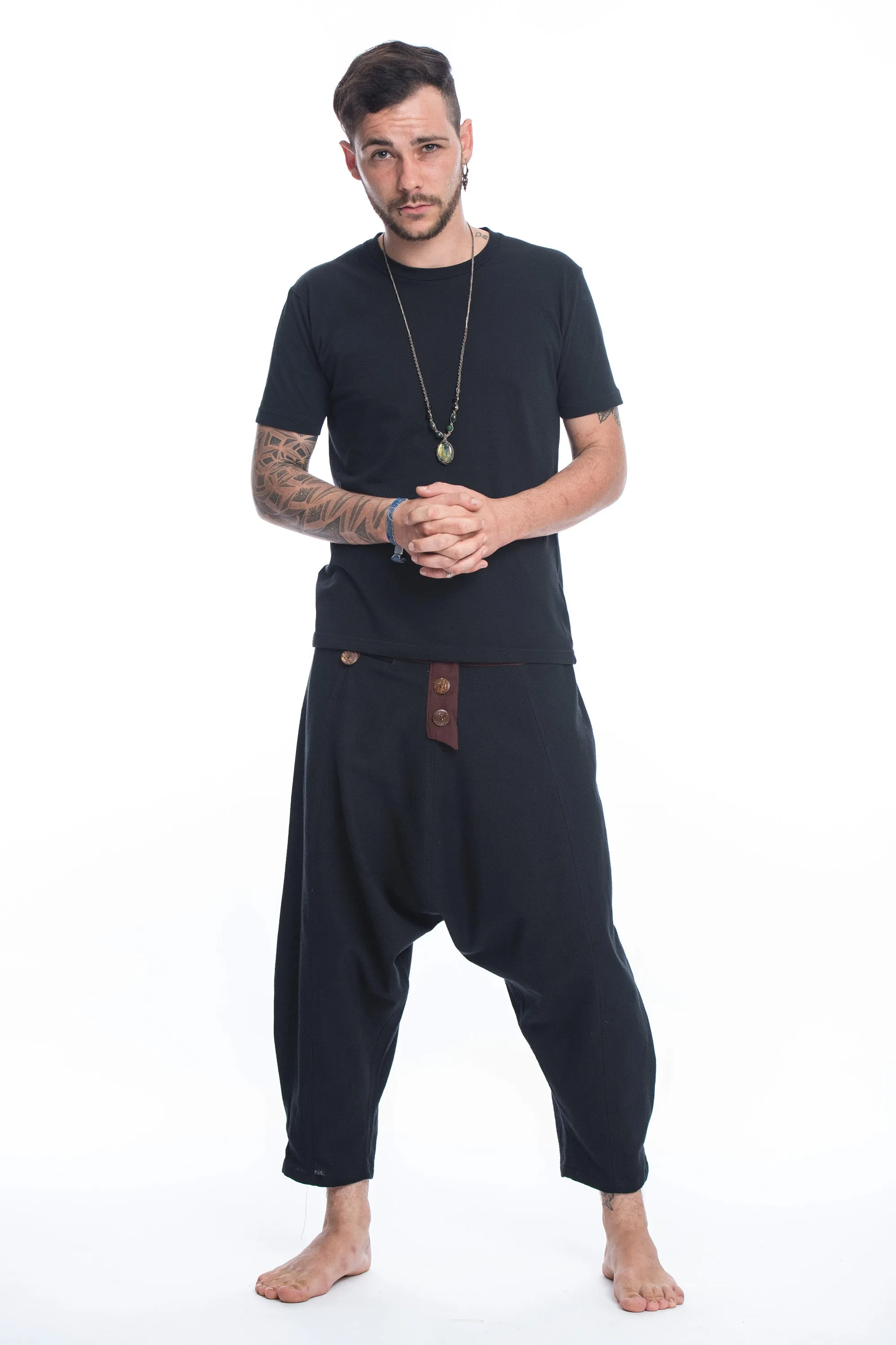 Cotton Men's Harem Pants with Faux Buttons in Black