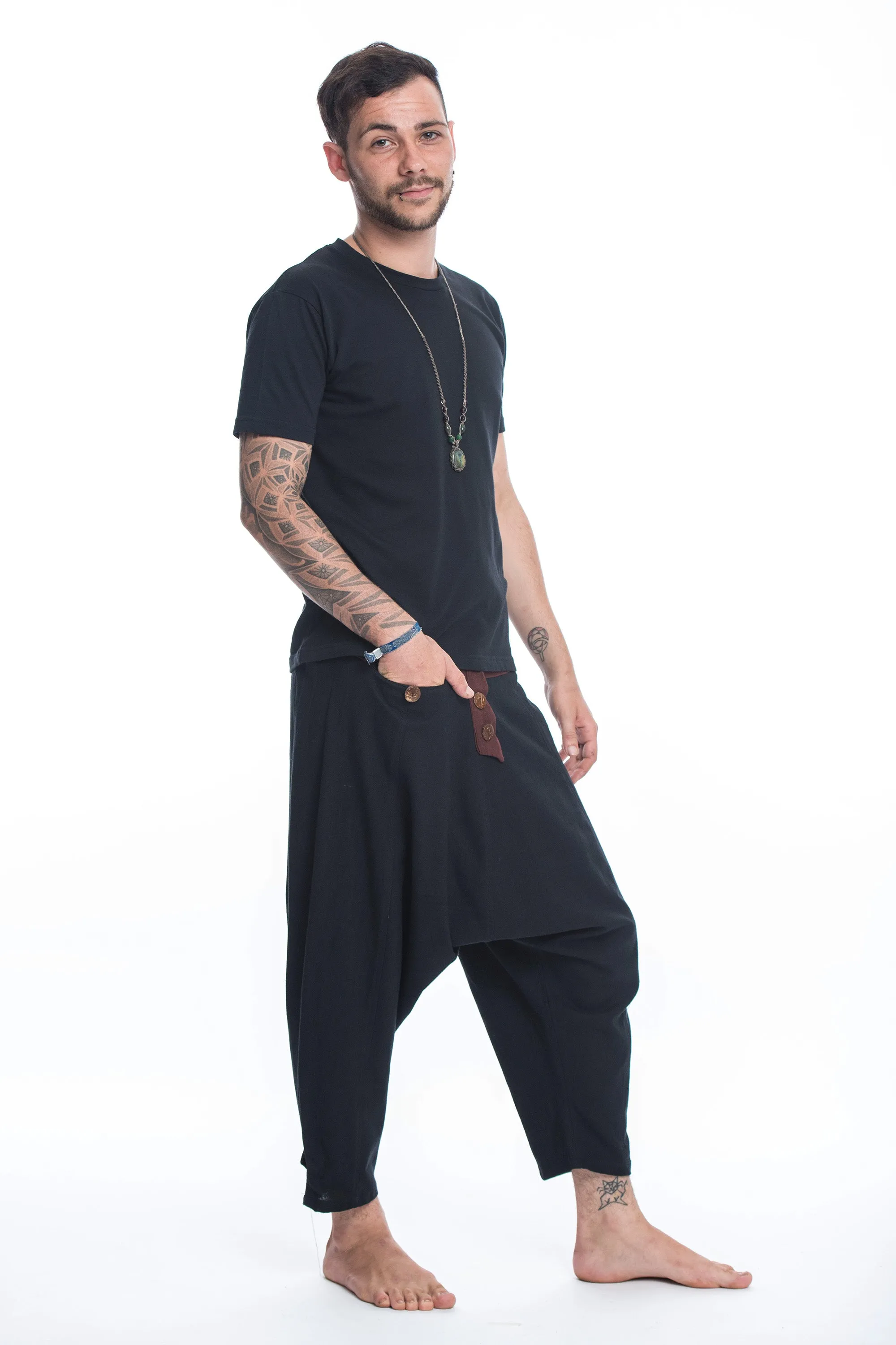 Cotton Men's Harem Pants with Faux Buttons in Black