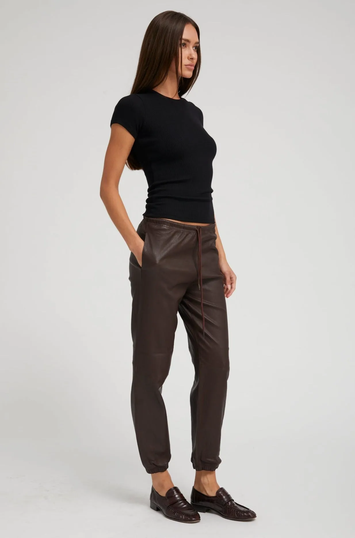 Dark Chocolate Leather Drawstring Sweatpants