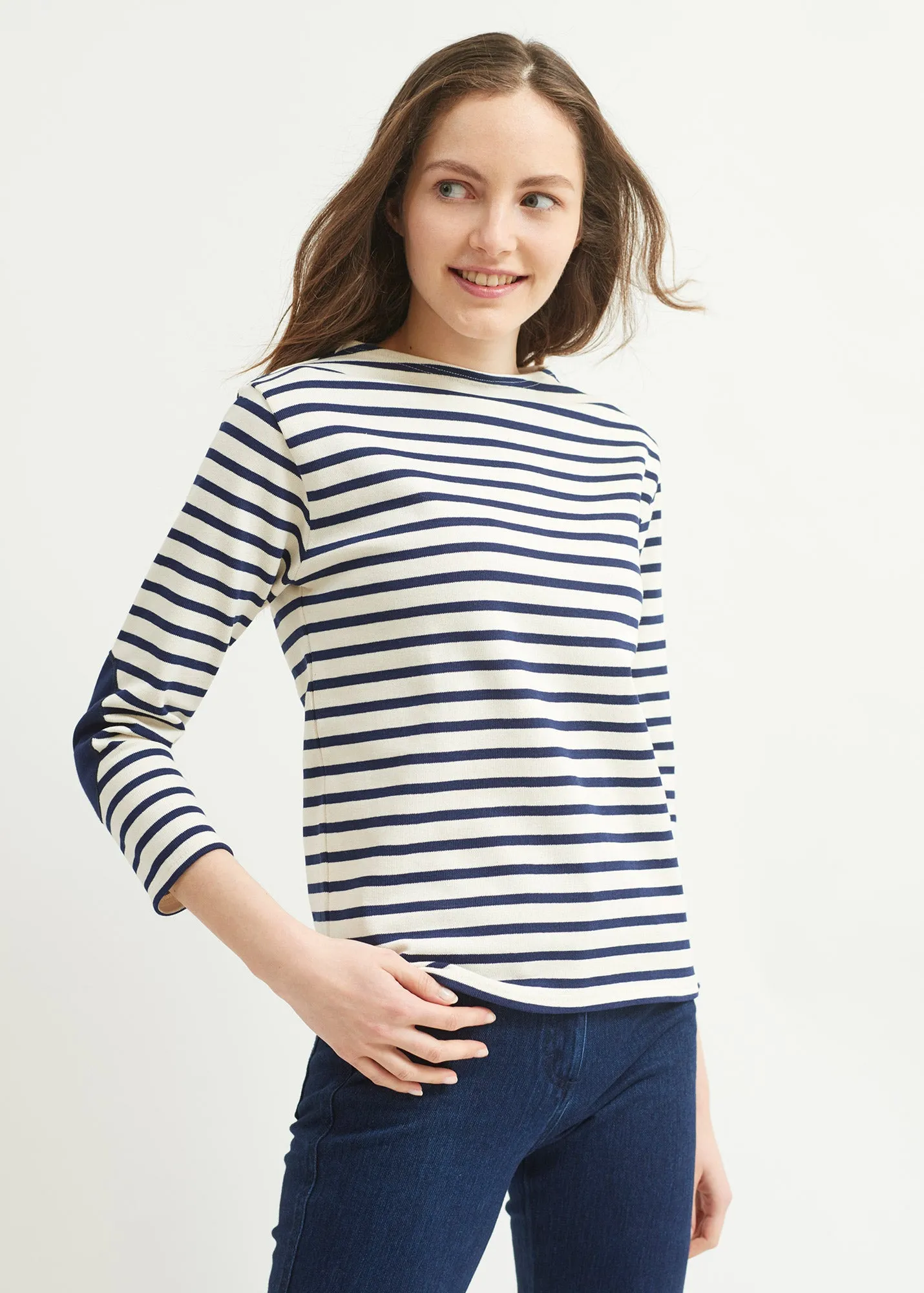 Guildo boat neck striped sailor shirt - plain elbow patches, in thick cotton (ECRU/MARINE)