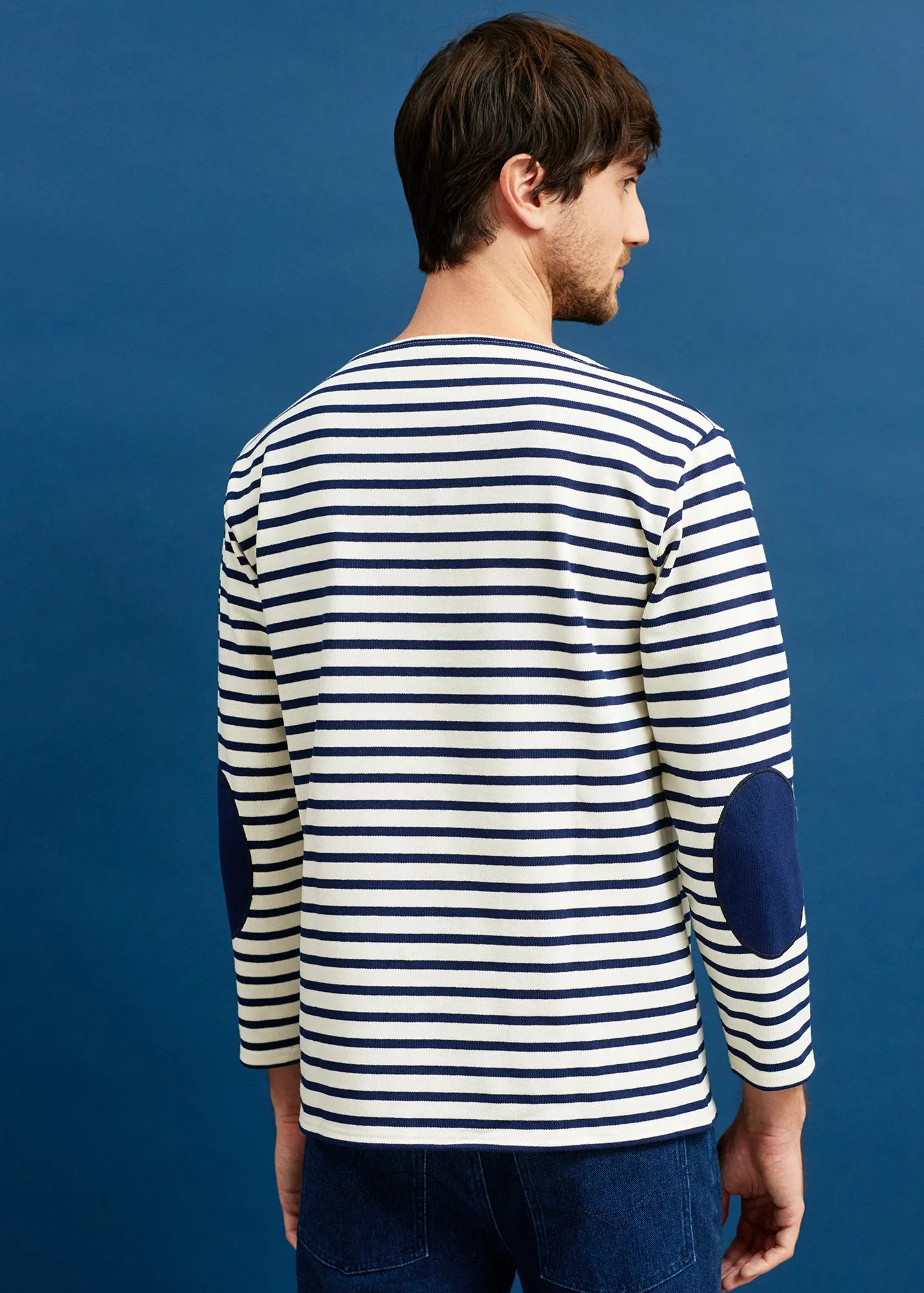 Guildo boat neck striped sailor shirt - plain elbow patches, in thick cotton (ECRU/MARINE)