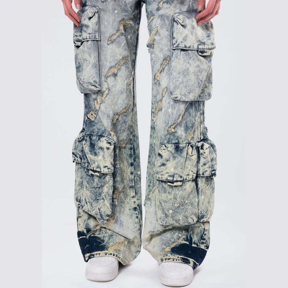 High Rise Distressed Wide Leg Jeans - Orion Blue