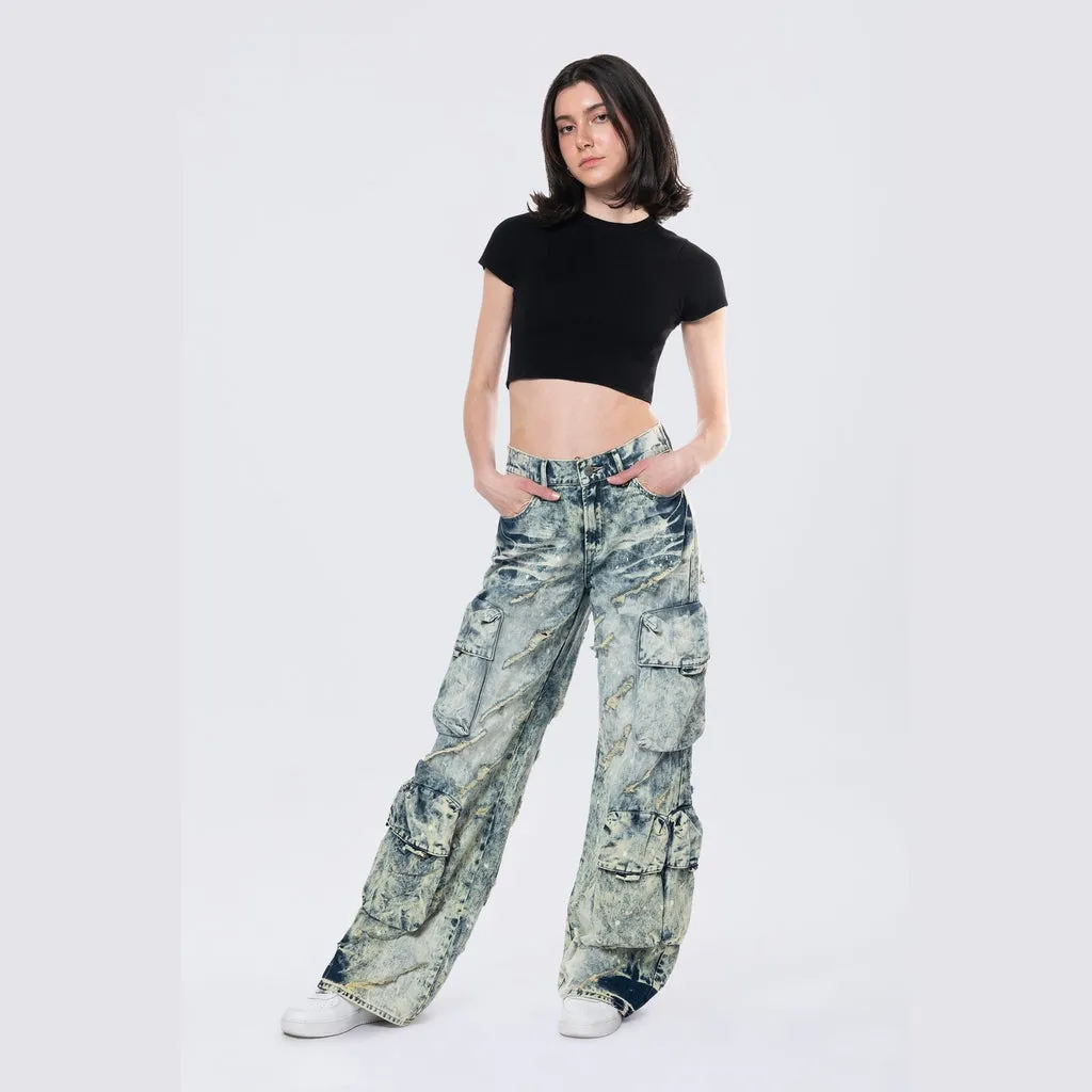 High Rise Distressed Wide Leg Jeans - Orion Blue