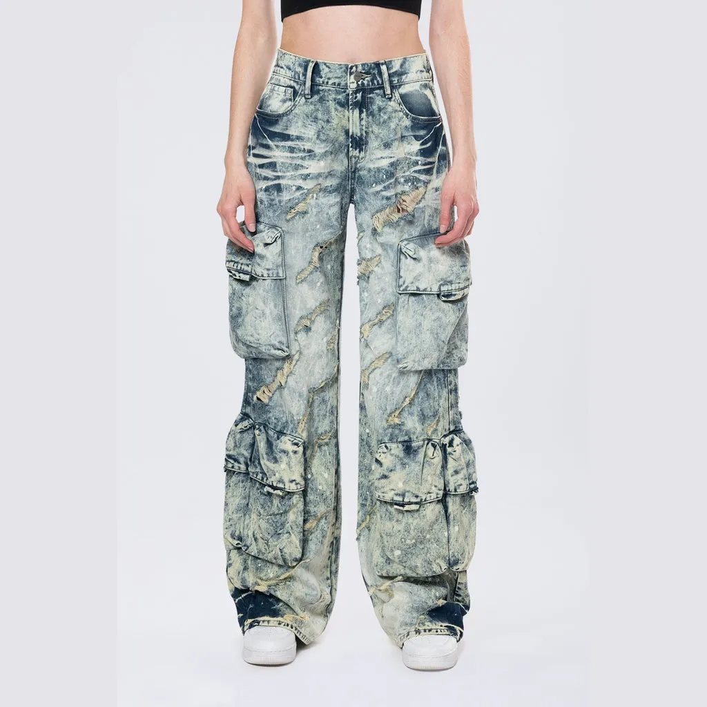 High Rise Distressed Wide Leg Jeans - Orion Blue