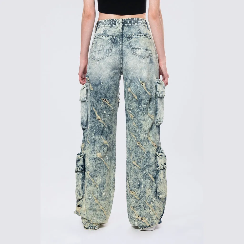 High Rise Distressed Wide Leg Jeans - Orion Blue