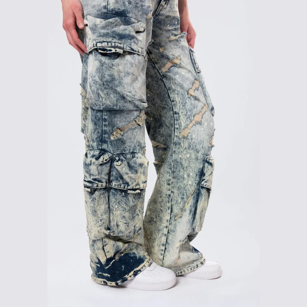 High Rise Distressed Wide Leg Jeans - Orion Blue