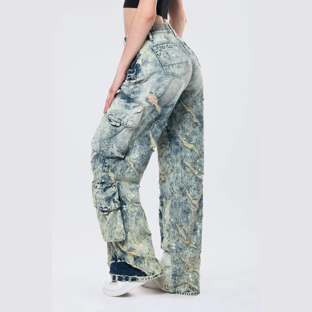 High Rise Distressed Wide Leg Jeans - Orion Blue