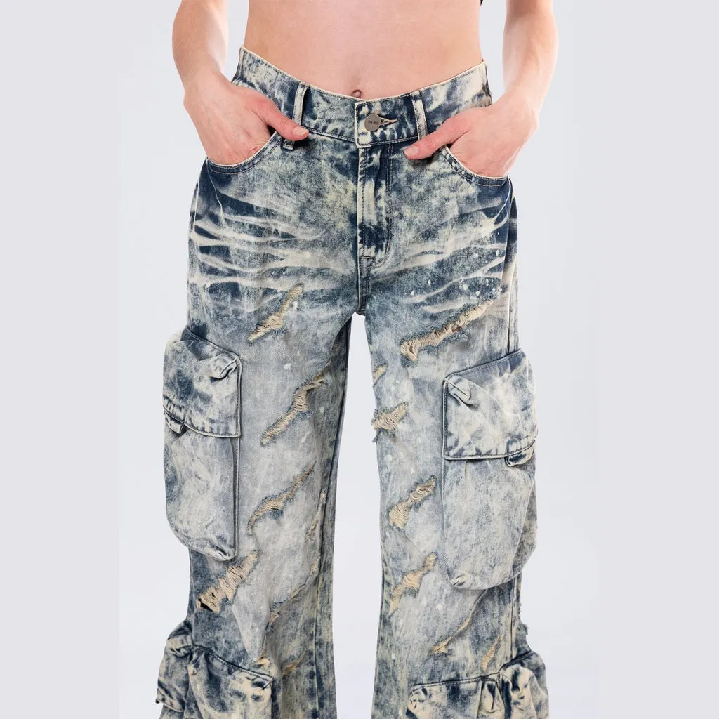 High Rise Distressed Wide Leg Jeans - Orion Blue