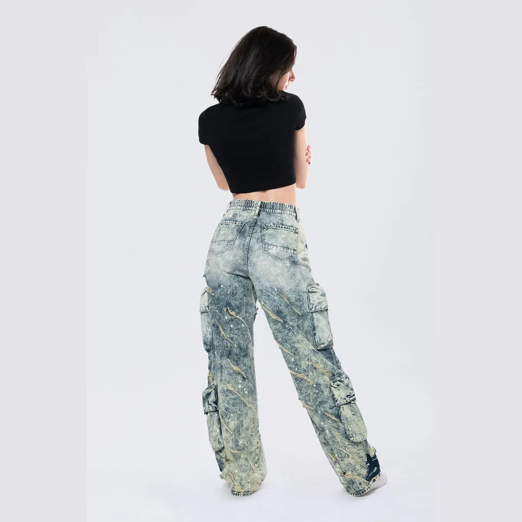 High Rise Distressed Wide Leg Jeans - Orion Blue