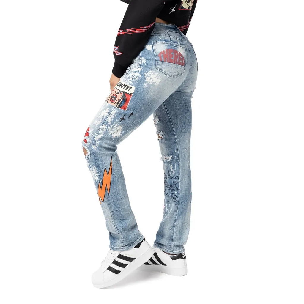 High Rise Graphic Straight Denim Jeans - Cabana Blue