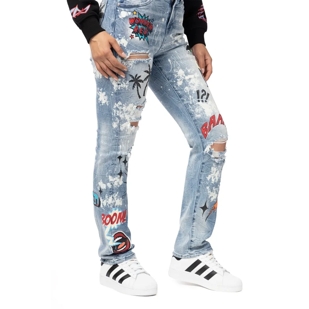 High Rise Graphic Straight Denim Jeans - Cabana Blue